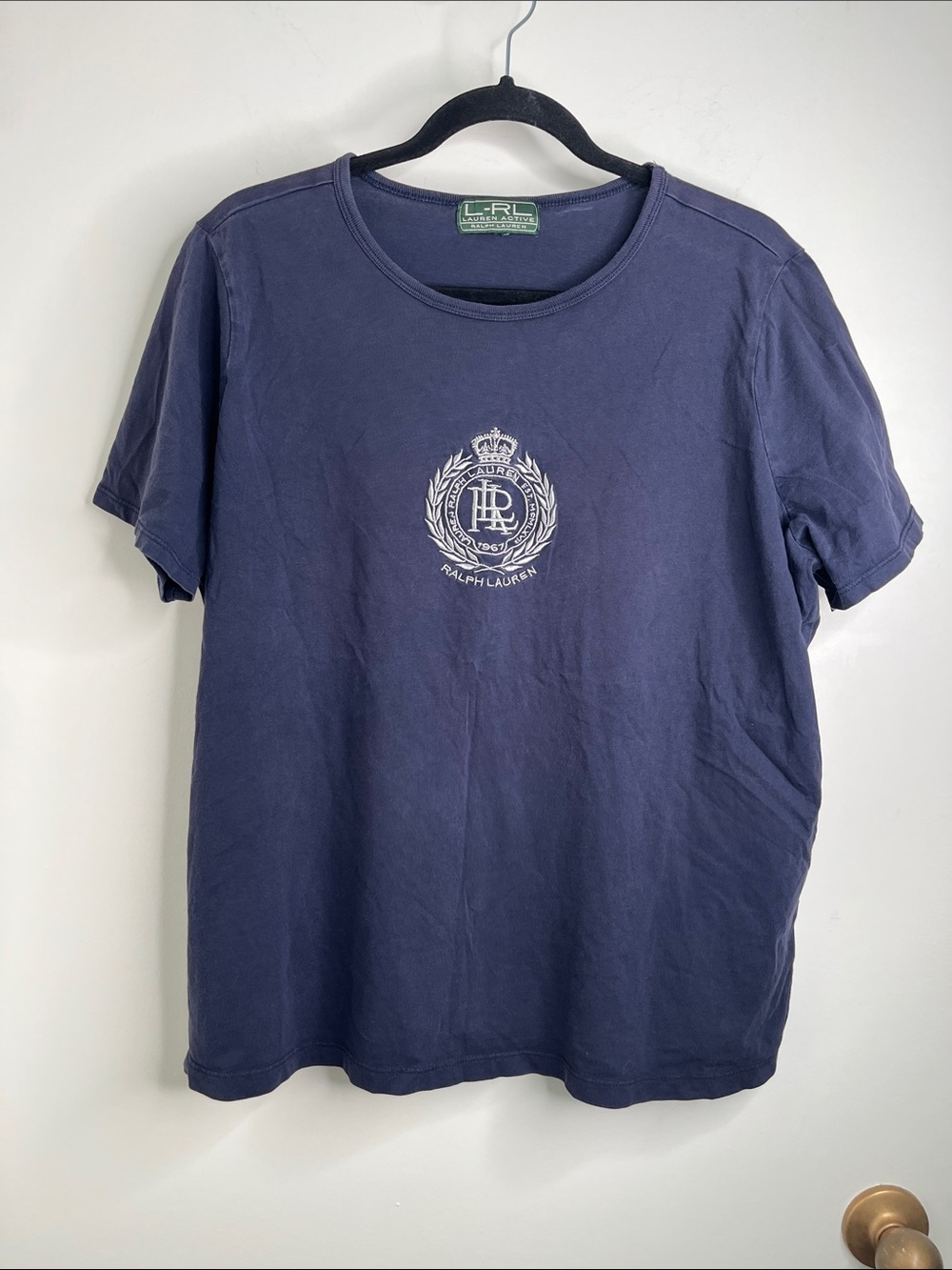 LRL Ralph Lauren Active Shirt Womens Sz L Navy Short Sleeve    Silver Logo